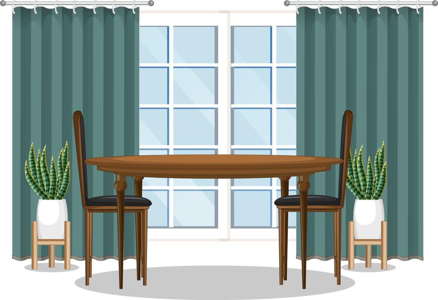 eettafel set met raam en groen gordijn vector