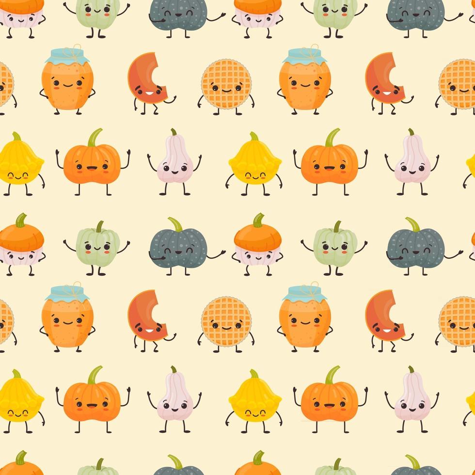 naadloos patroon met schattige verschillende pompoenen kawaii karakter vector