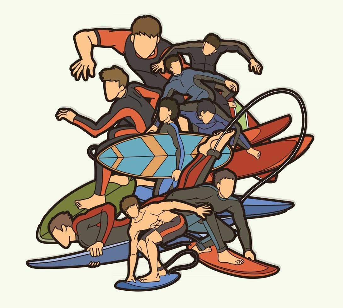 groep surfen sport mannen spelers actie vector