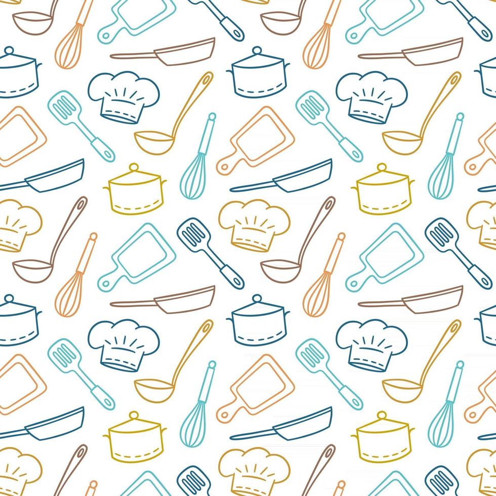 met de hand getekend naadloos patroon rond het thema chef-kok, keuken en kok vector