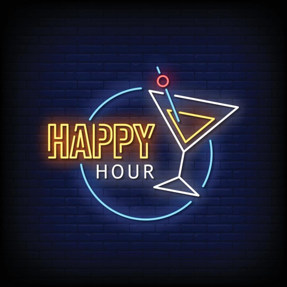 happy hour neon uithangbord op bakstenen muur vector