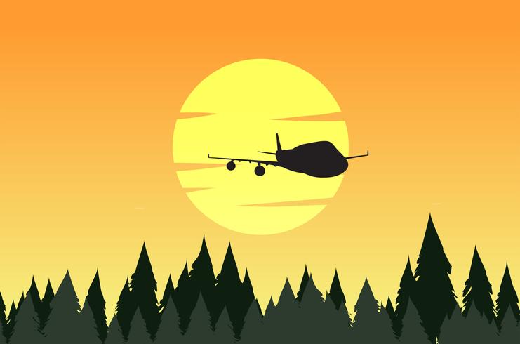Achtergrondscène met silhouetbos en vliegtuig vector