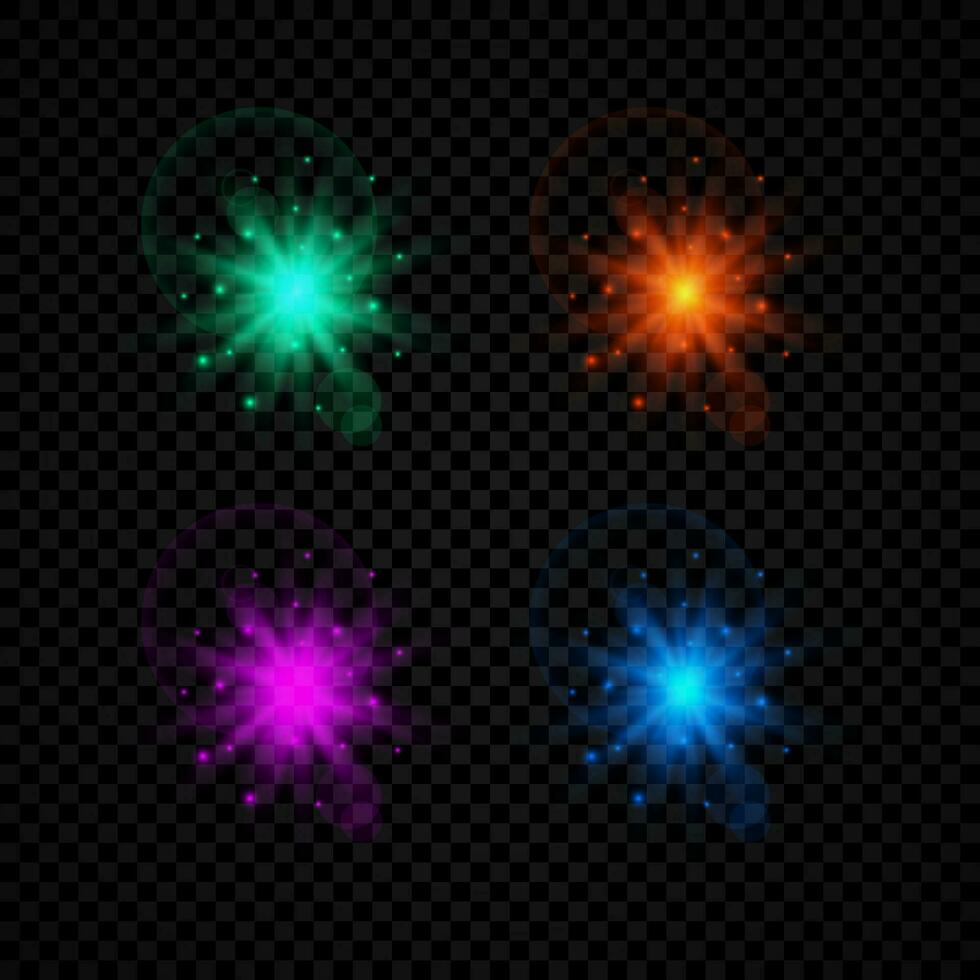 licht effect van lens fakkels. reeks van vier groente, oranje, Purper en blauw gloeiend lichten starburst Effecten met sparkles Aan een donker achtergrond. vector illustratie