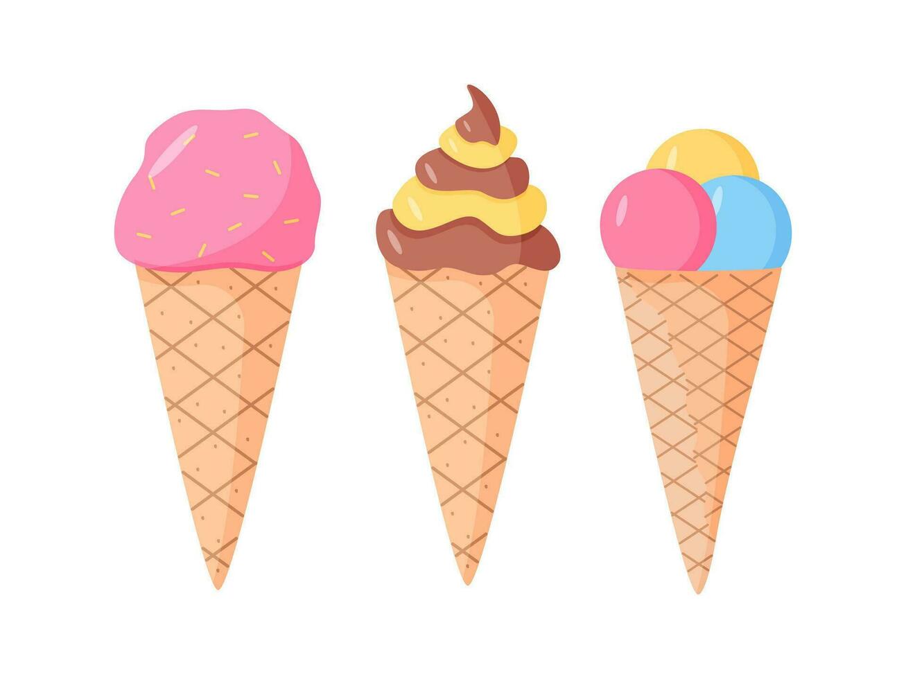 tekenfilm reeks van tekeningen van ijs room in wafel cups ijshoorntje. vector tekening illustratie van een zomer toetje kleur.