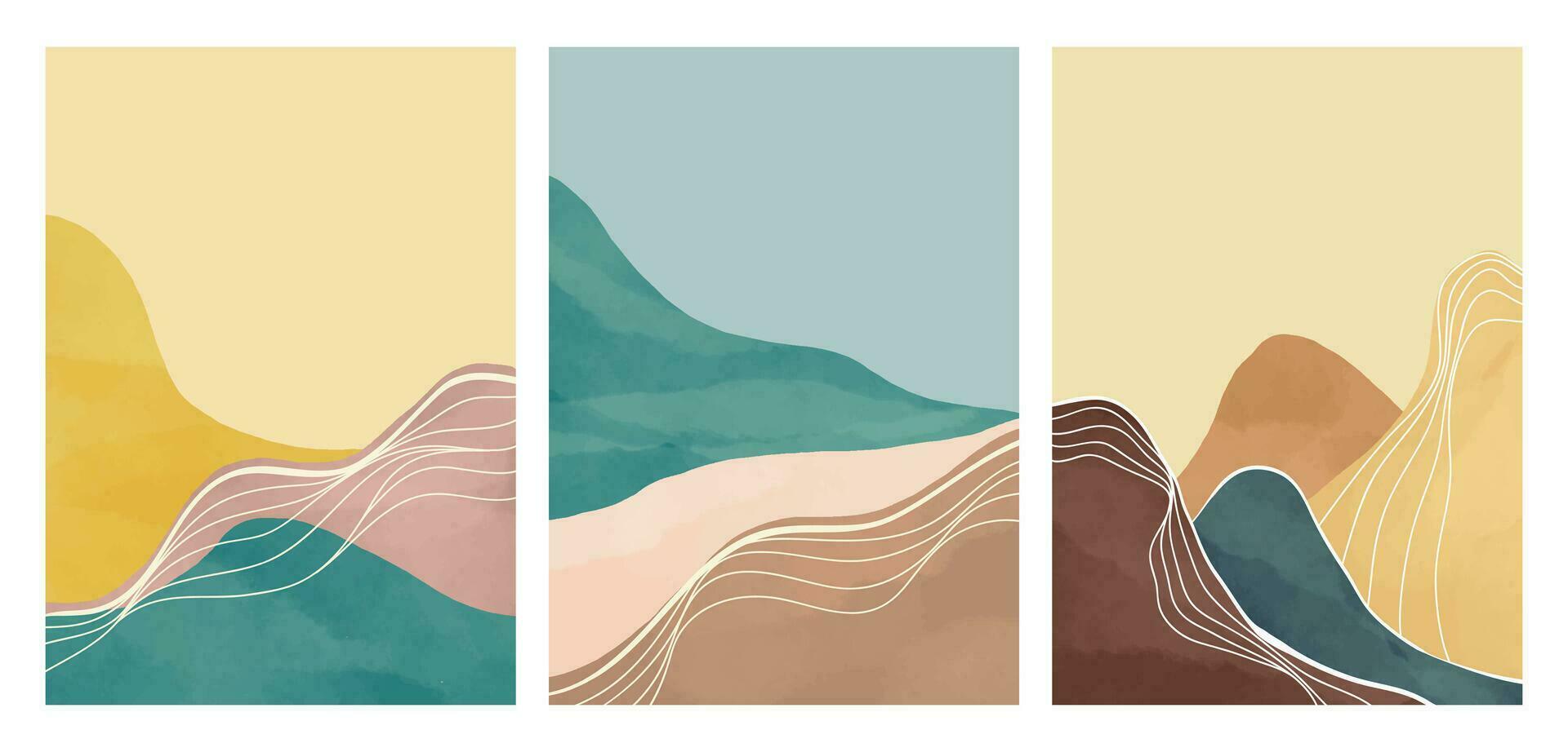 reeks van berg landschap illustratie. creatief minimalistische hand- geschilderd illustraties van midden eeuw modern kunst afdrukken. natuurlijk abstract landschap achtergrond. berg, zee en heuvels vector