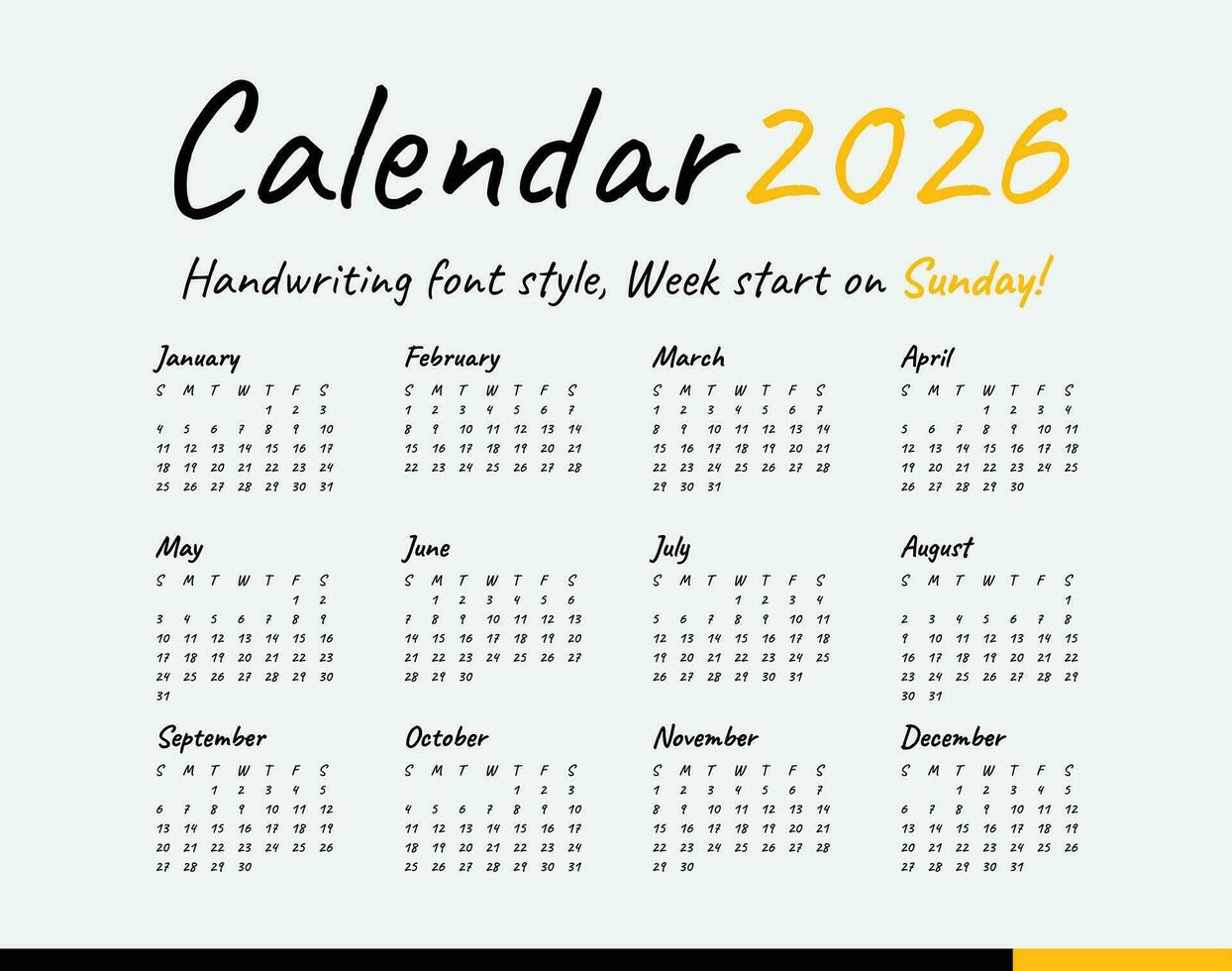 kalender 2026, handschrift, minimaal stijl, week begin Aan zondag. vector