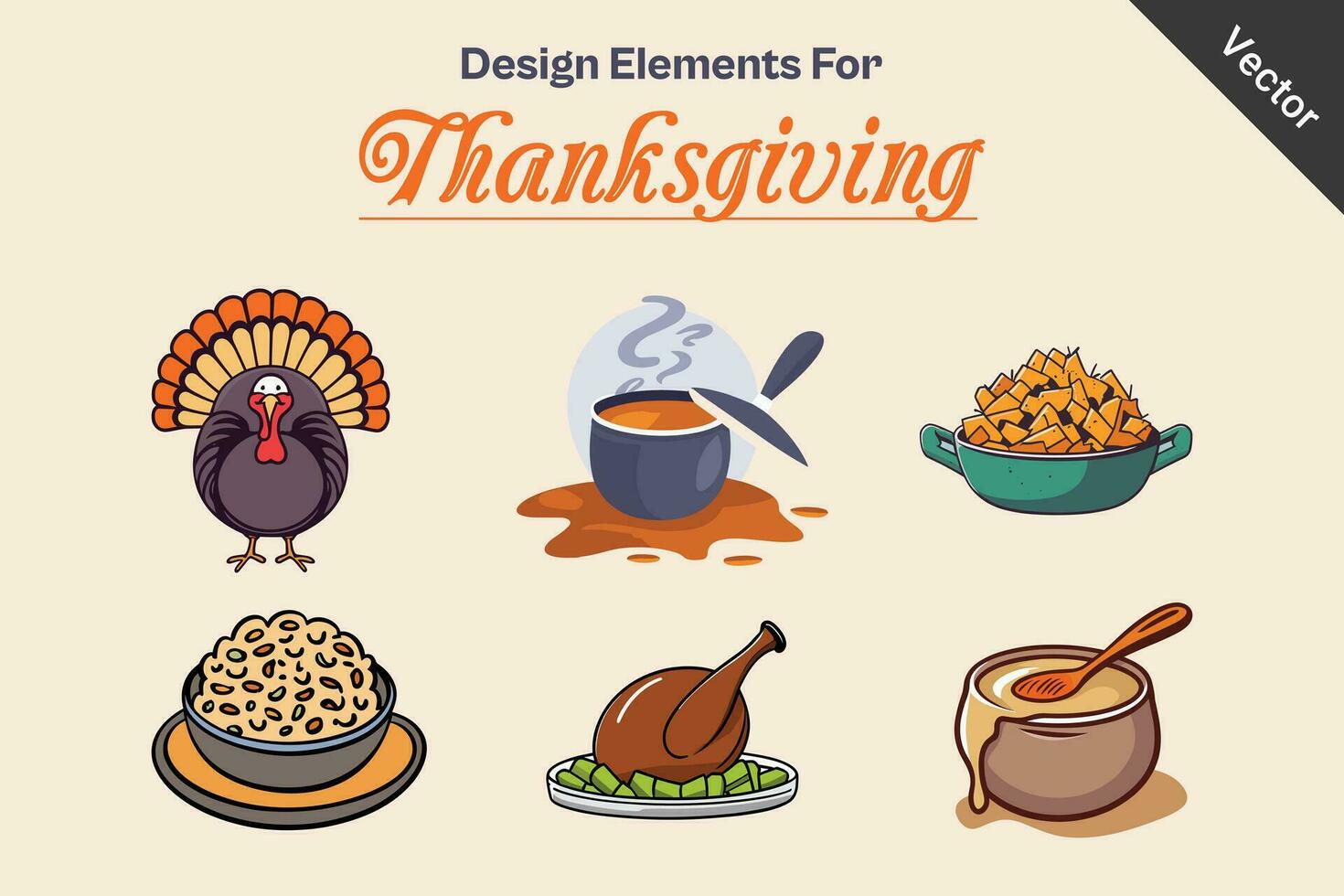 ontwerp elementen voor dankzegging, vector pictogrammen van kalkoen, zeep, kaas, en saus.