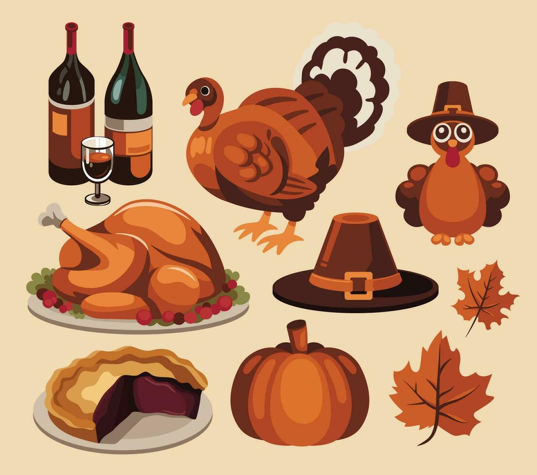 dankzegging dag vector illustratie reeks verzameling vieren de herfst oogst met familie en vrienden