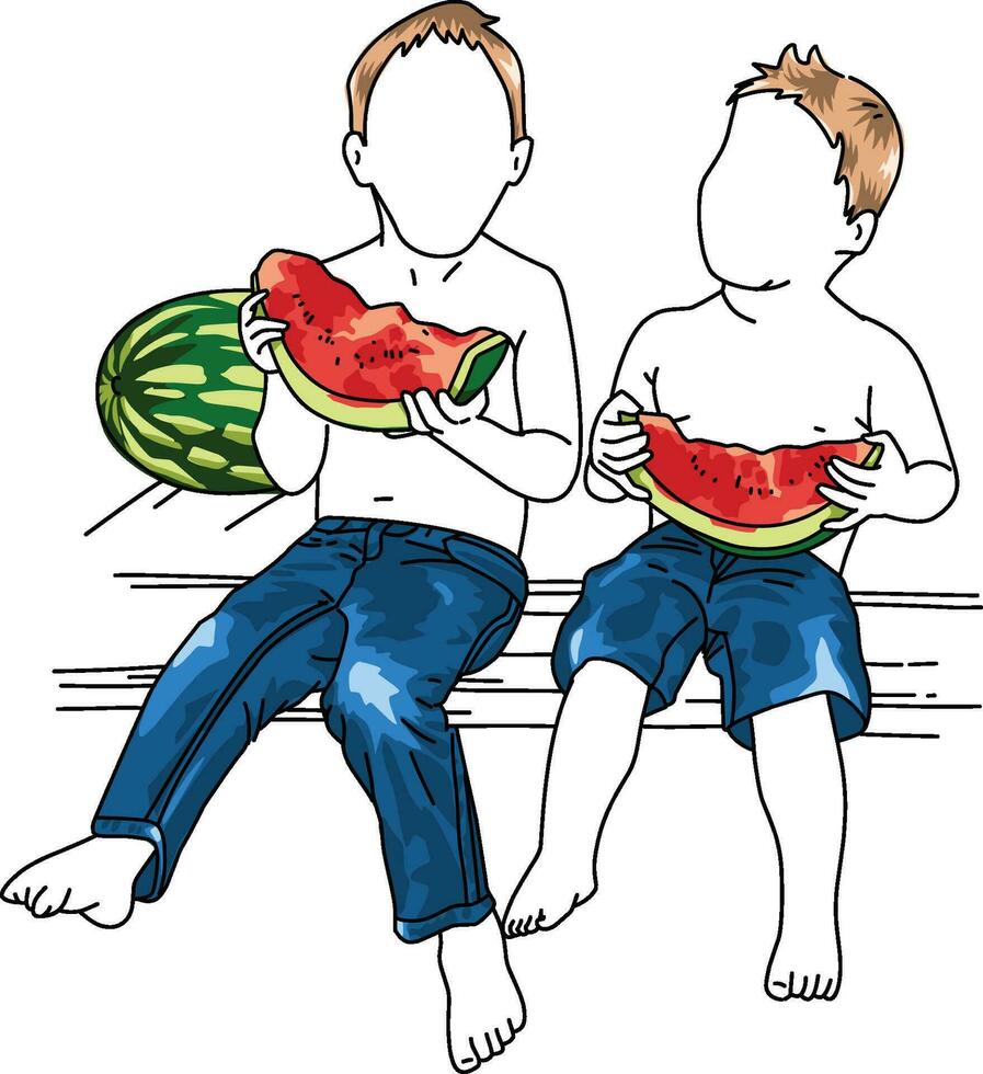 twee jongens aan het eten watermeloen fruit vector