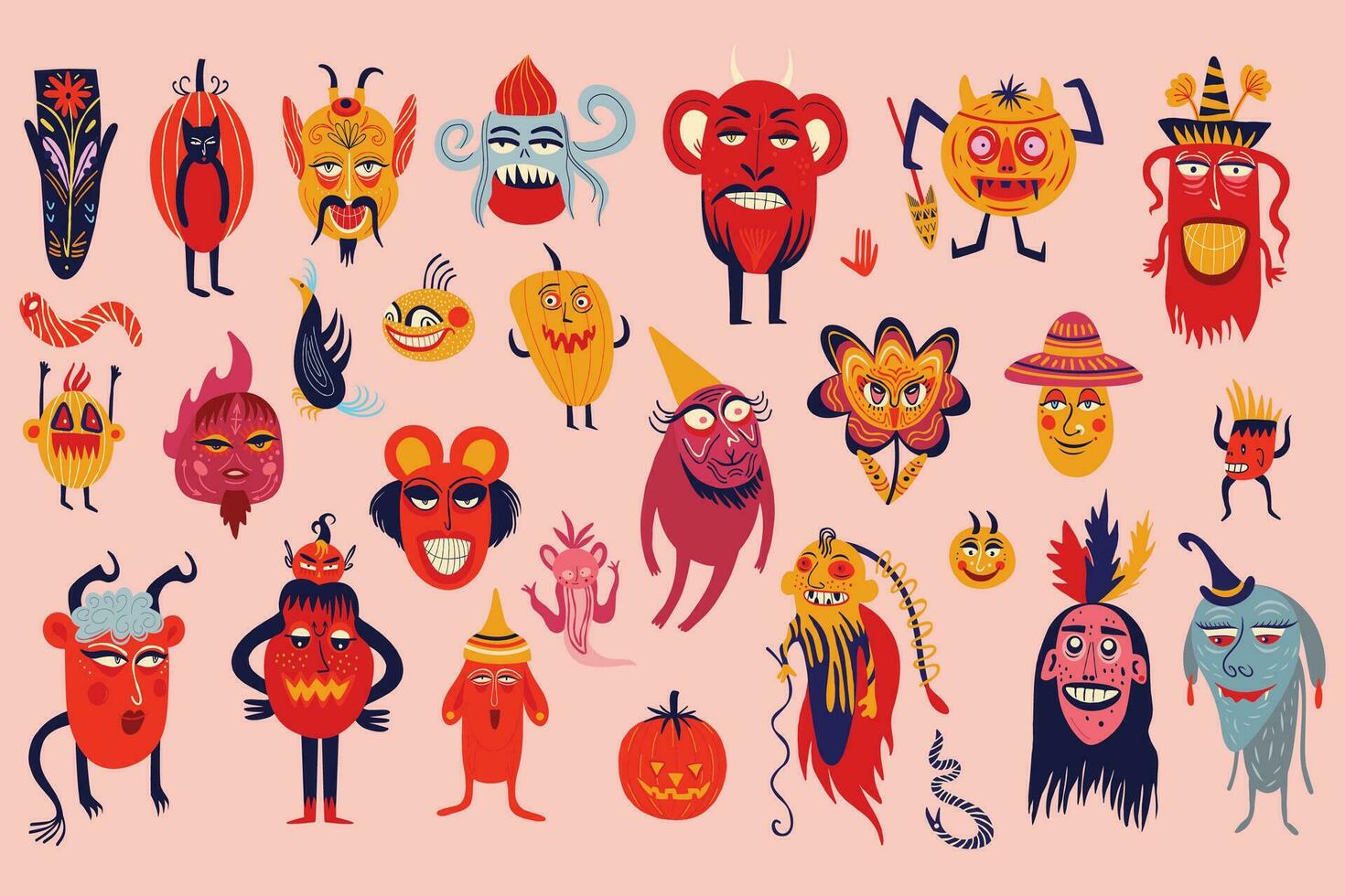 levendig vreemd lelijk halloween karakters. schattig bizar grappig tekens in modern vlak hand- getrokken stijl vector