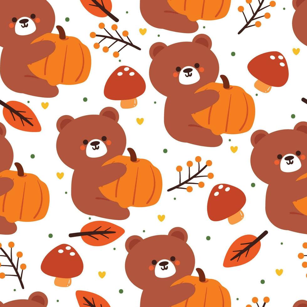 naadloos patroon tekenfilm beer, bladeren en herfst gevoel element. schattig herfst behang voor vakantie. ontwerp voor kleding stof, vlak ontwerp, geschenk inpakken papier vector