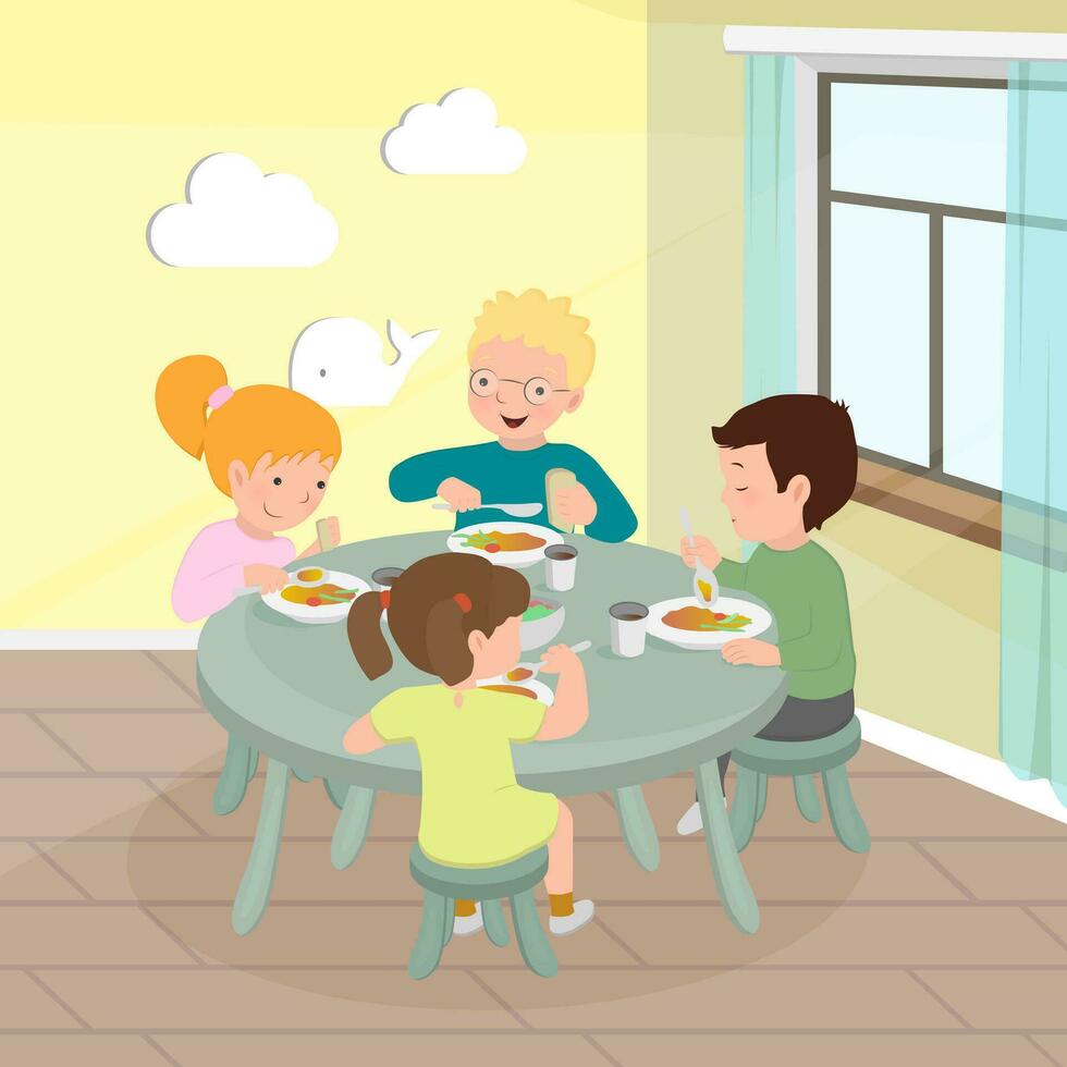 gelukkig kinderen eten in kleuterschool. twee meisjes en twee jongens Bij de tafel. kinderen voeding concept. vector illustratie voor banier, poster, website, folder.