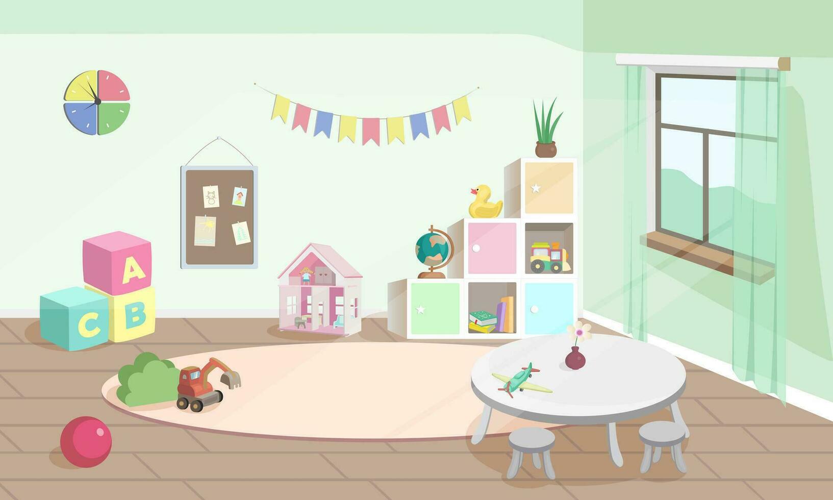 kind kamer of kleuterschool interieur vector illustratie. leeg achtergrond met tafel, kind speelgoed en dozen. modern kamer met meubilair, zonlicht van venster.