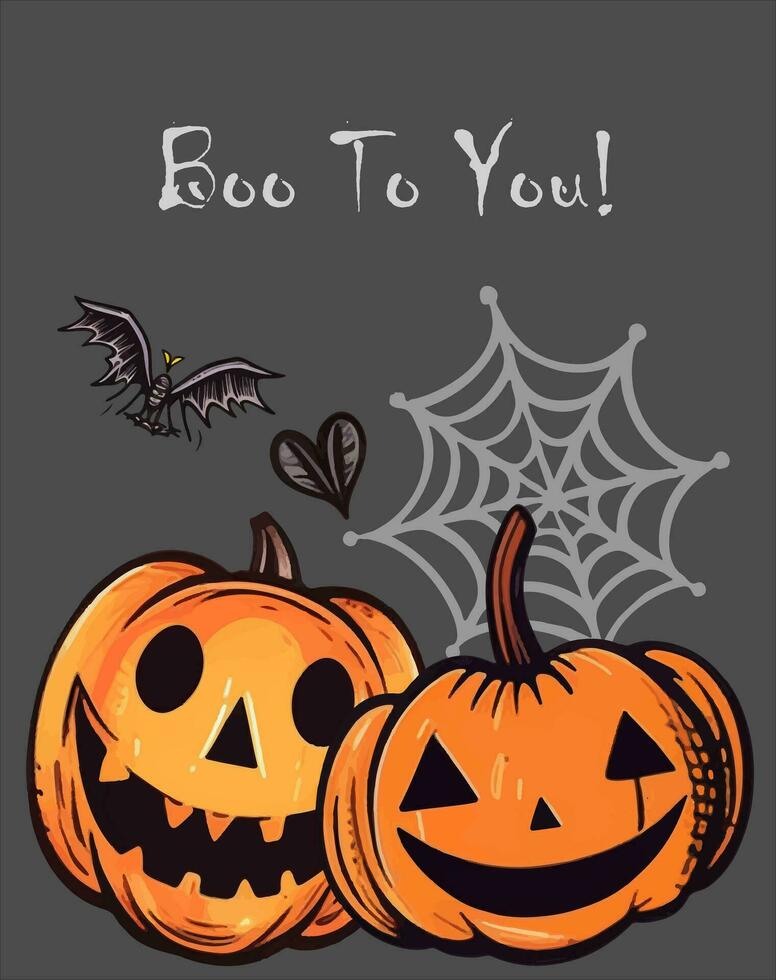 gelukkig halloween poster met pompoen, geest, wrikken, spinnenweb. vector illustratie. plaats voor tekst. brochure kader