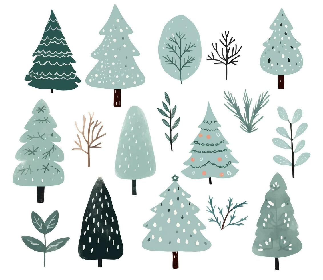 reeks van waterverf Scandinavisch bomen. schattig Kerstmis bomen. modieus scandi vector planten.