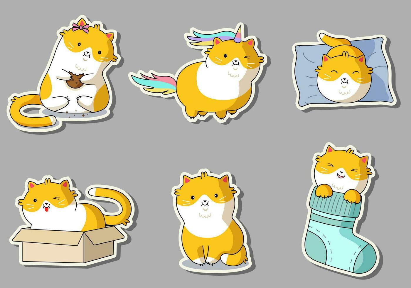 schattig kawaii katten in grappig poses - vector set. grappig tekenfilm katten afdrukken of sticker ontwerp. aanbiddelijk kawaii huisdier dieren.