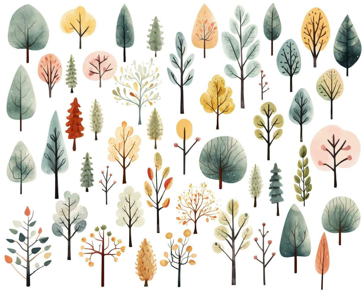 verzameling van waterverf Scandinavisch bomen. schattig abstract gekleurde bomen. modieus scandi vector planten.