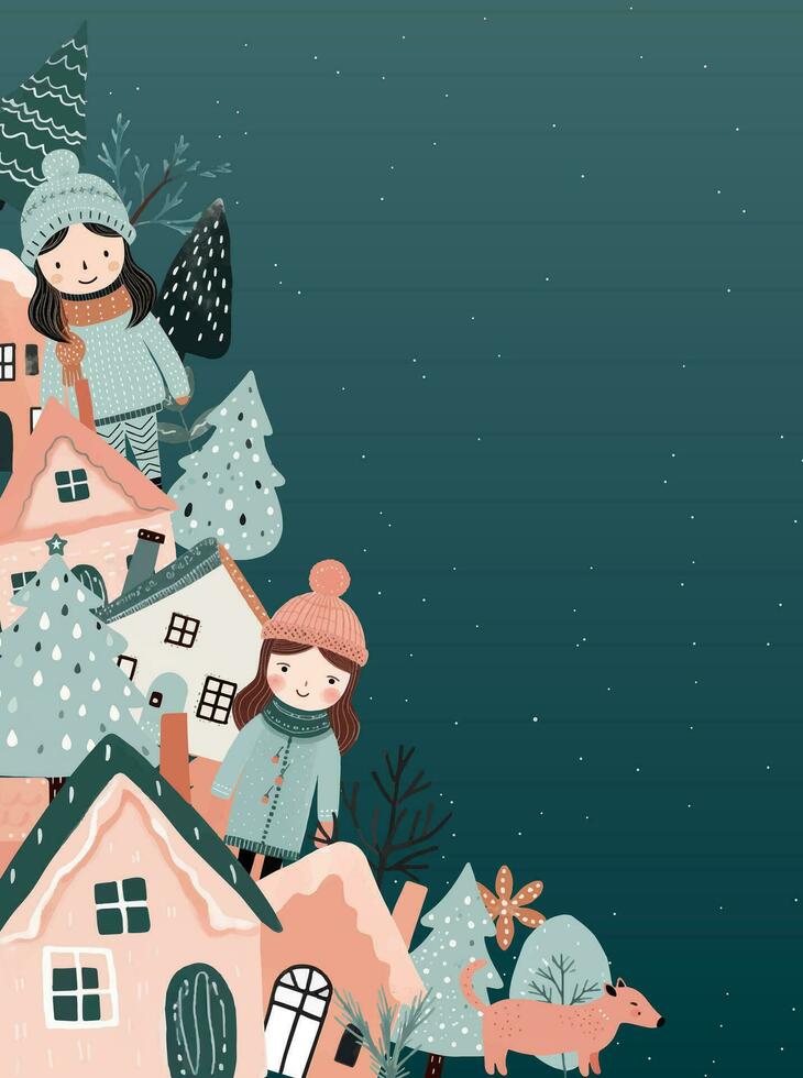 concept Kerstmis en nieuw jaar. winter ornament, poster, spandoek. winter kaart, kader met scandi huizen, bomen, meisjes. vector