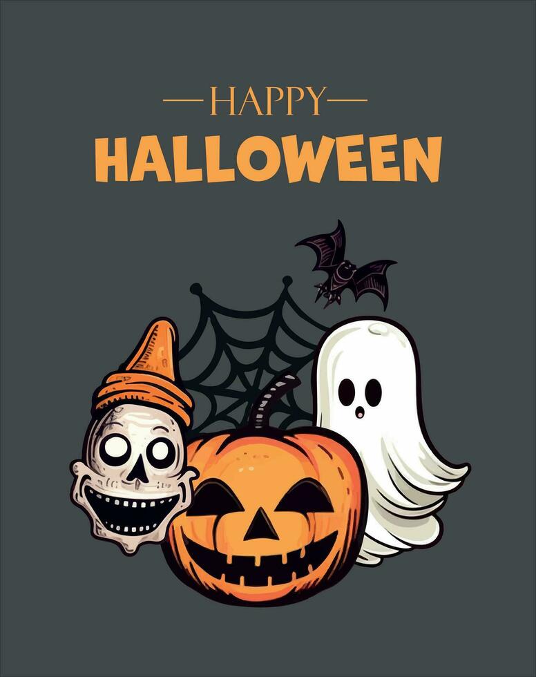 gelukkig halloween poster met pompoen, geest, wrikken, spinnenweb. vector illustratie. plaats voor tekst. brochure kader