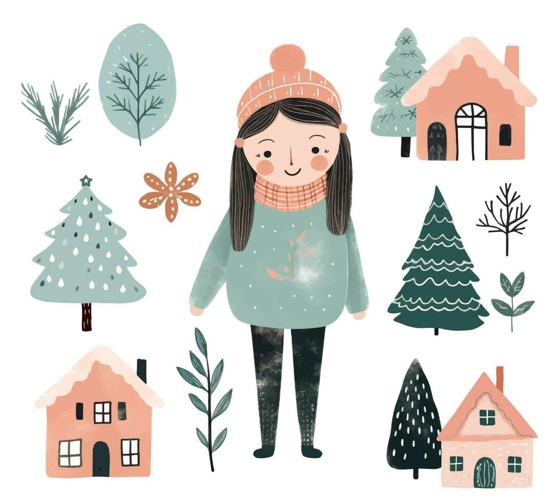 scandi Kerstmis elementen, schattig meisje, bomen, huizen. reeks van hand- getrokken winter vector illustratie.