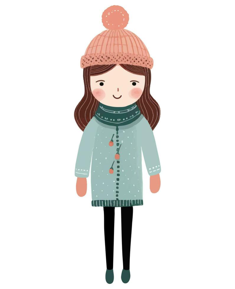 schattig grappig meisje in winter kleren. hand- getrokken meisje in fee verhaal Scandinavisch stijl. vector