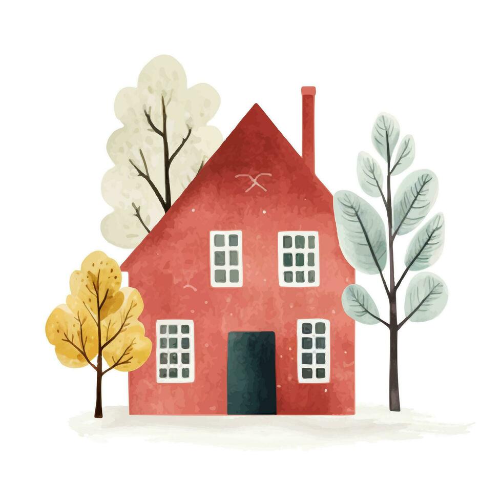 Scandinavisch huis en bomen. schattig scandi waterverf huis. Europese gebouw buitenkant. kinderachtig vector illustratie