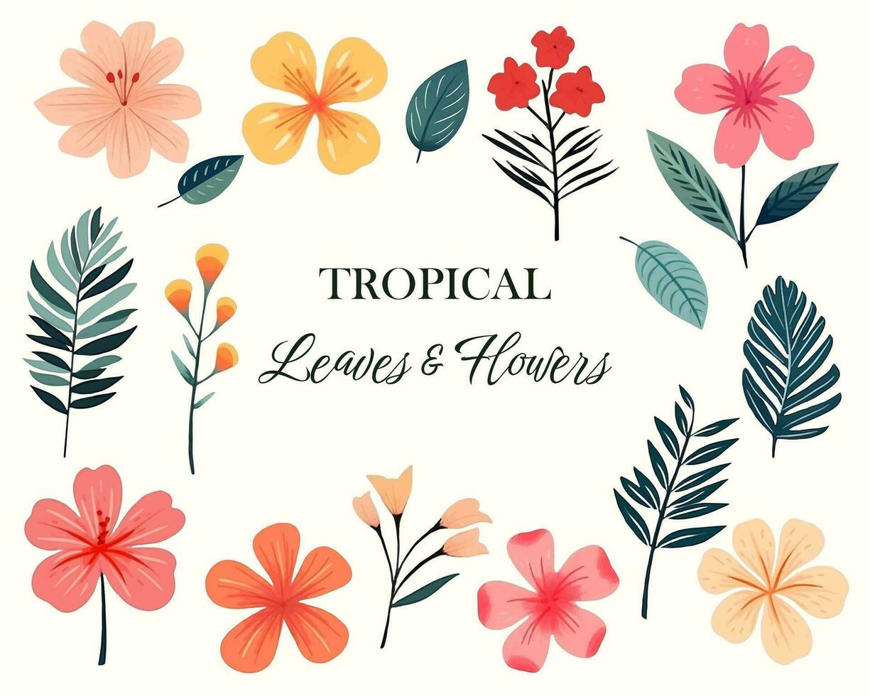 tropisch vector bloemen. bloemen illustratie. reeks van exotisch bloemen en bladeren. tropisch verzameling