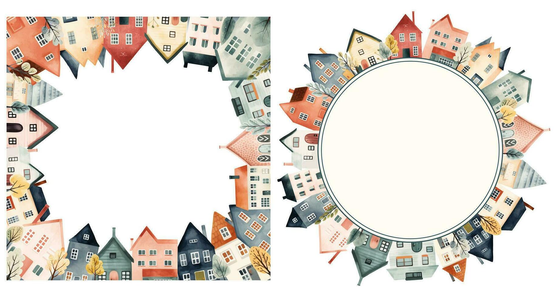 reeks van stadsgezicht kader, Scandinavisch huizen. Europese dorp, kader met huizen voor uw ontwerp, sjabloon. vector