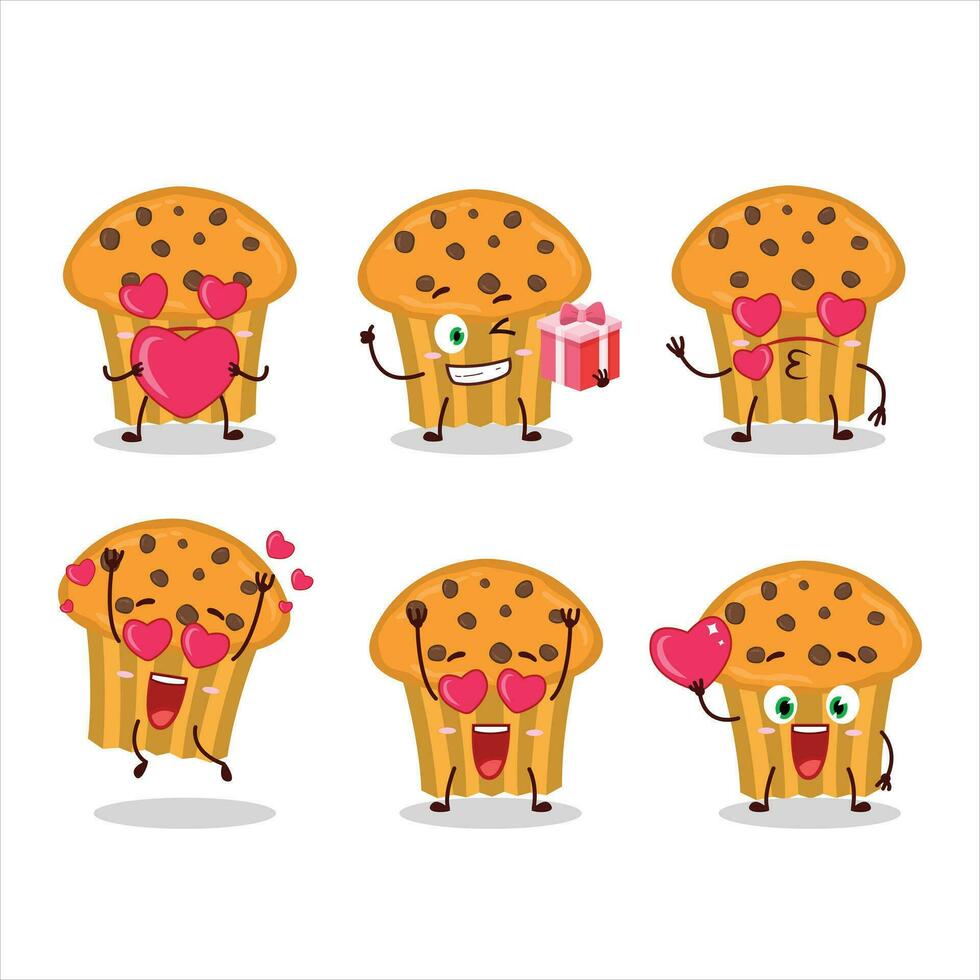 Choco chips muffin tekenfilm karakter met liefde schattig emoticon vector