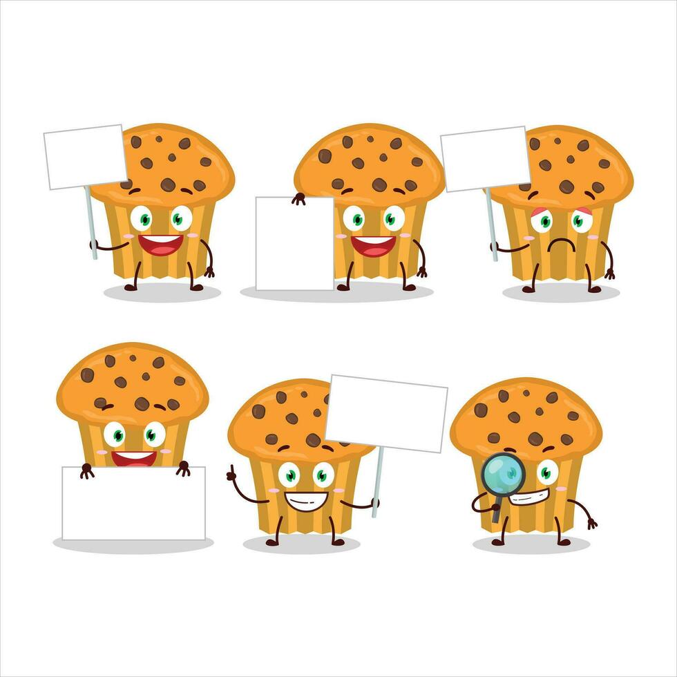 Choco chips muffin tekenfilm karakter brengen informatie bord vector
