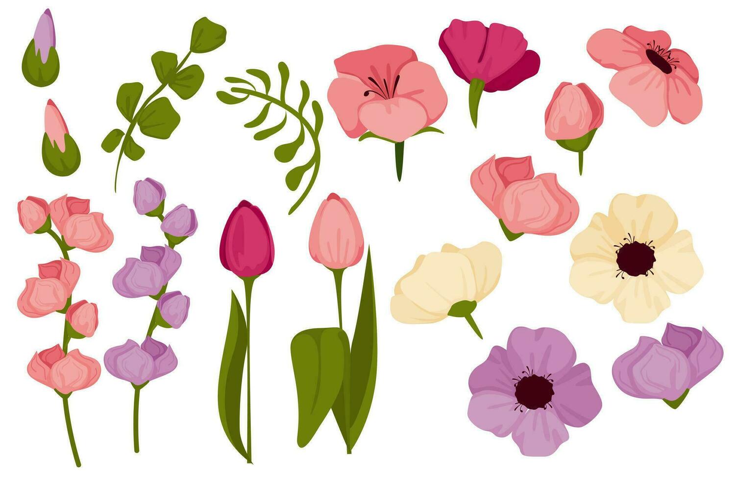 voorjaar reeks met bloemen, helder kleurrijk bloemen en tulpen. geschikt voor Sjablonen, stickers en pictogrammen. .vector illustratie. vector