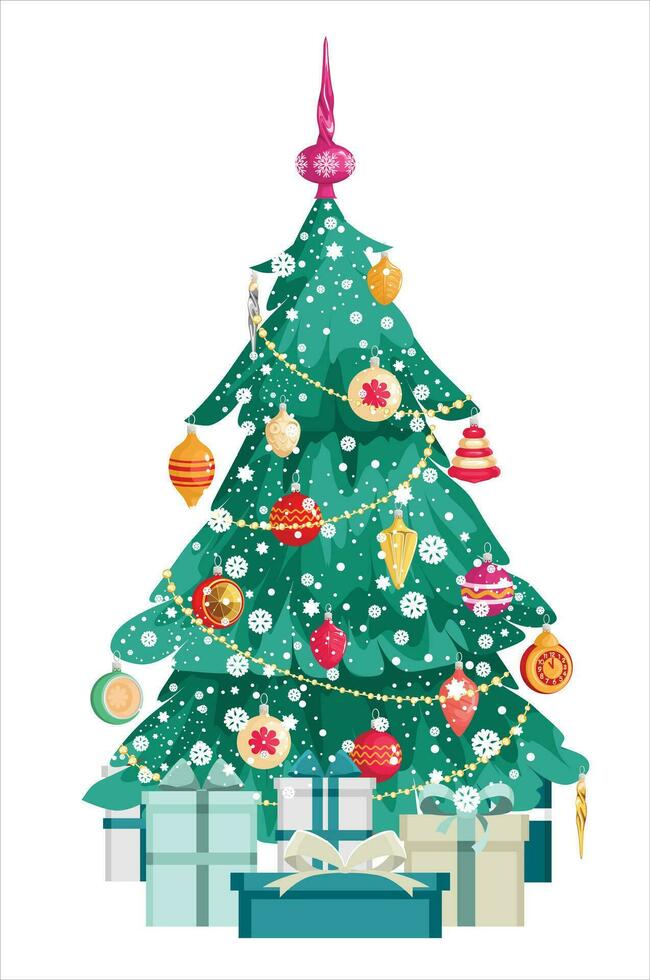 Kerstmis boom met decoraties en geschenk dozen. gedekt in sneeuw. vector