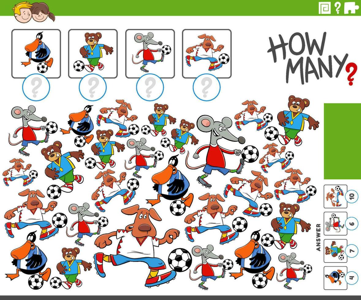 hoe veel tekenfilm dieren spelen voetbal tellen spel vector