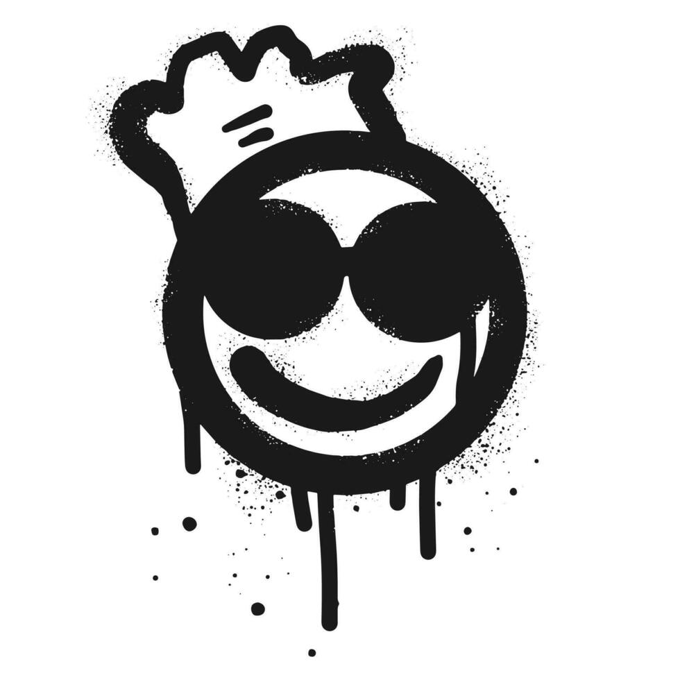 glimlachen gezicht emoticon karakter met zonnebril. verstuiven geschilderd graffiti glimlach gezicht in zwart over- wit. geïsoleerd Aan wit achtergrond. vector illustratie