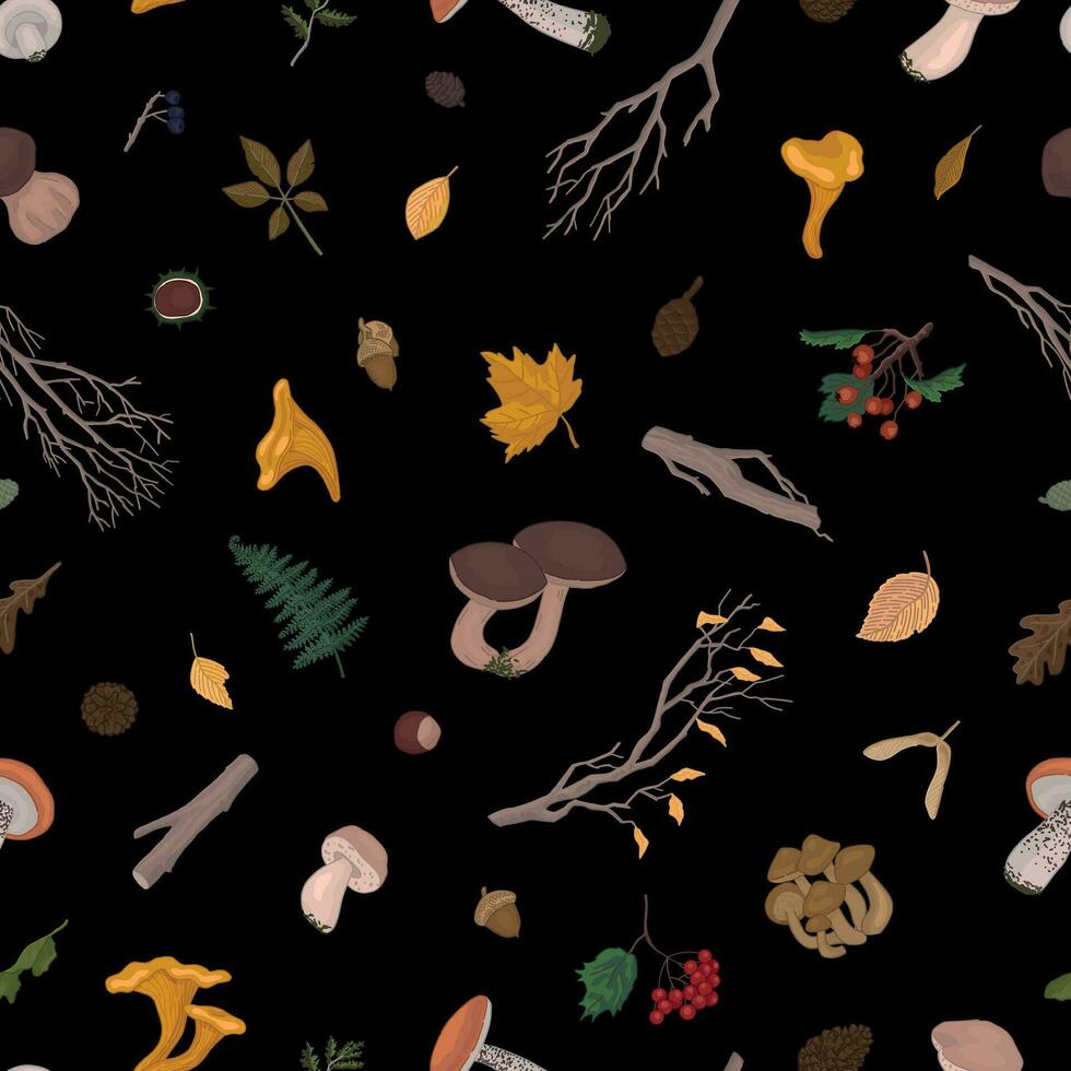 herfst thema vector naadloos patroon. ornament van paddestoelen, gedaald bladeren, kaal takken, bessen takjes. tekenfilm stijl ontwerp voor achtergrond, behang, decor.