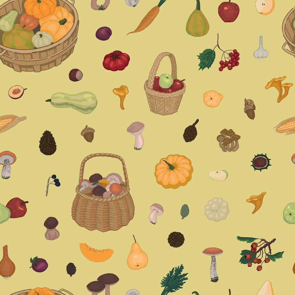 herfst oogst vector naadloos patroon. ornament van seizoensgebonden groenten, fruit, paddestoelen, bessen, pijnboom kegels, noten. tekenfilm stijl ontwerp voor achtergrond, behang, decor.