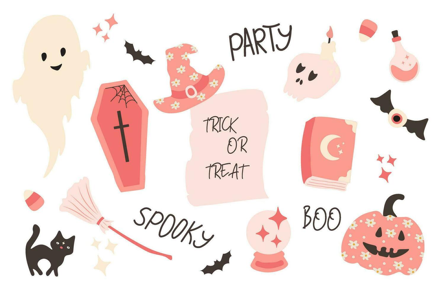 halloween roze elementen set. schattig decor van magisch elementen in een gemakkelijk naief stijl vector