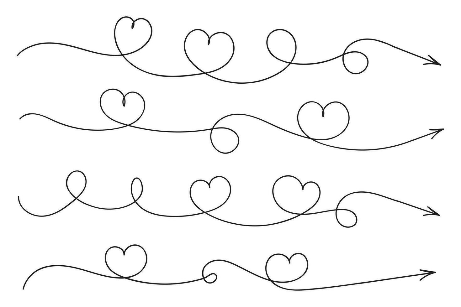 hand- getrokken dun doorlopend lijn lief harten stijl gebogen pijl vector, een lijn links Rechtsaf richting liefde teken met pen pijlen, minimalistisch schets single lijn manier decoraties decoratief element vector