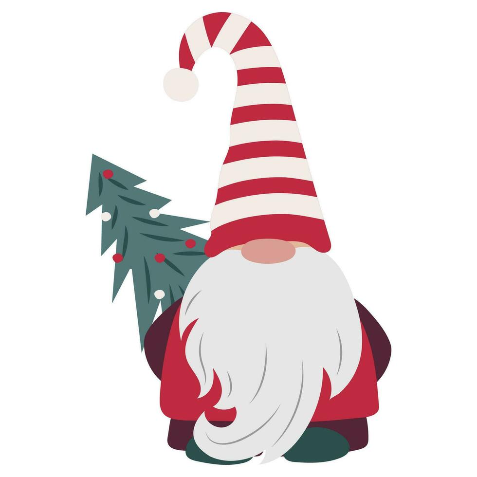 schattig gnoom met lang baard en rood gestreept hoed geïsoleerd Aan wit. Scandinavisch tekenfilm karakter met Kerstmis boom. fee verhaal dwerg vector