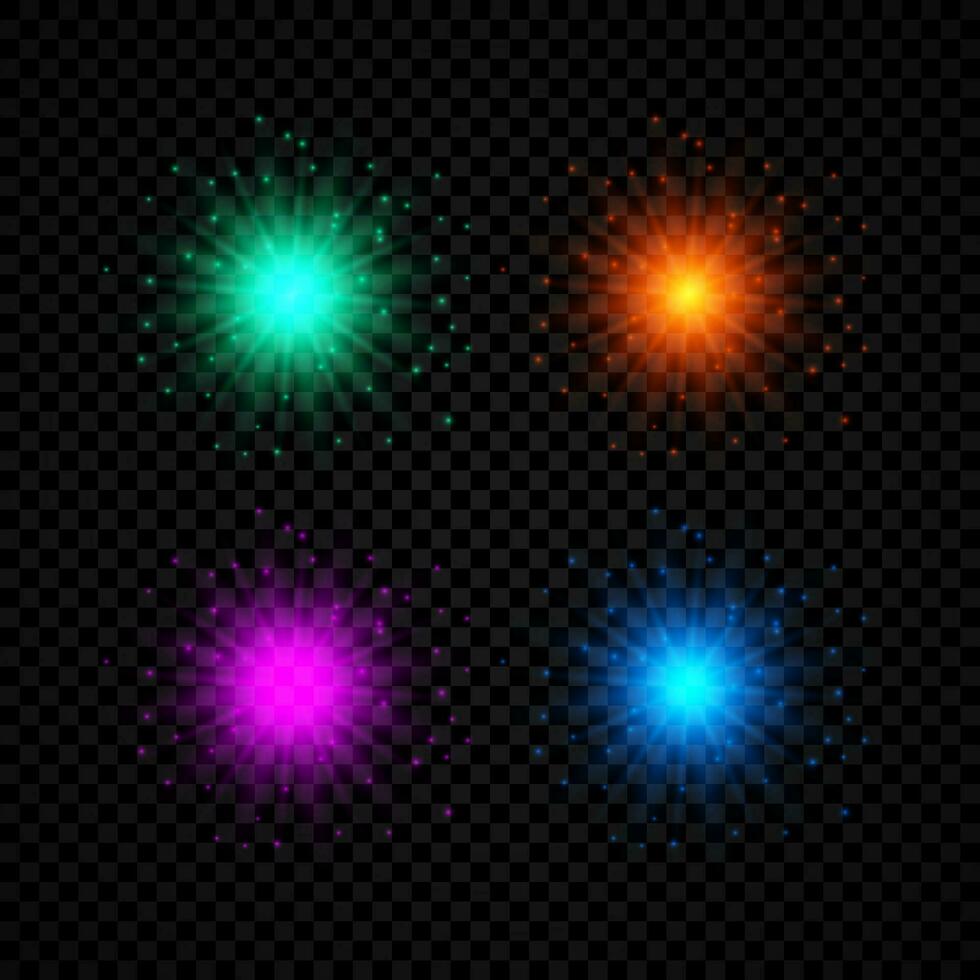 licht effect van lens fakkels. reeks van vier groente, oranje, Purper en blauw gloeiend lichten starburst Effecten met sparkles Aan een donker achtergrond. vector illustratie