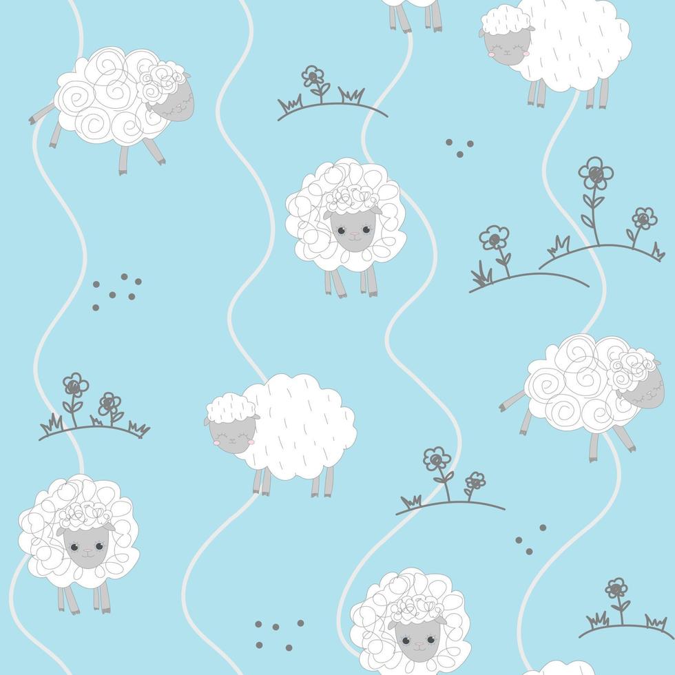 schattig pastelblauw patroon bloemen doodle schapen naadloze achtergrond vector