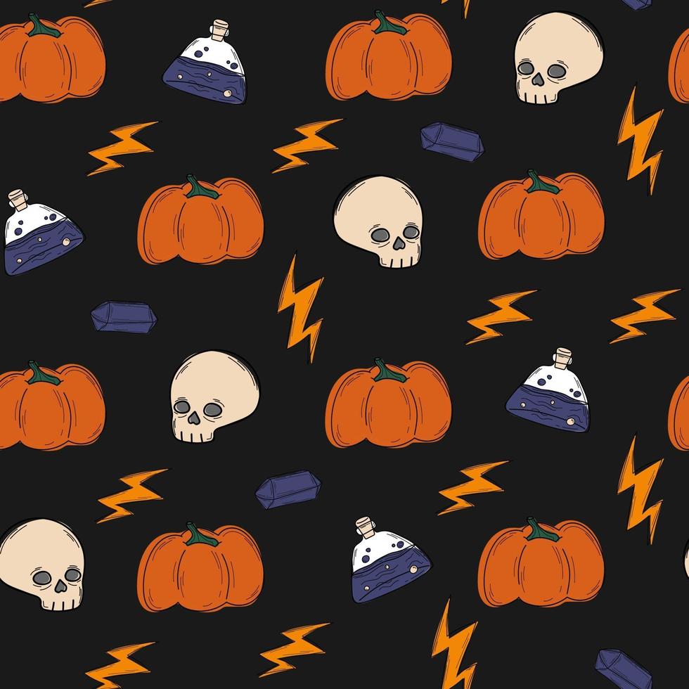 schattig zwart patroon met doodles pompoenen halloween magie naadloos vector