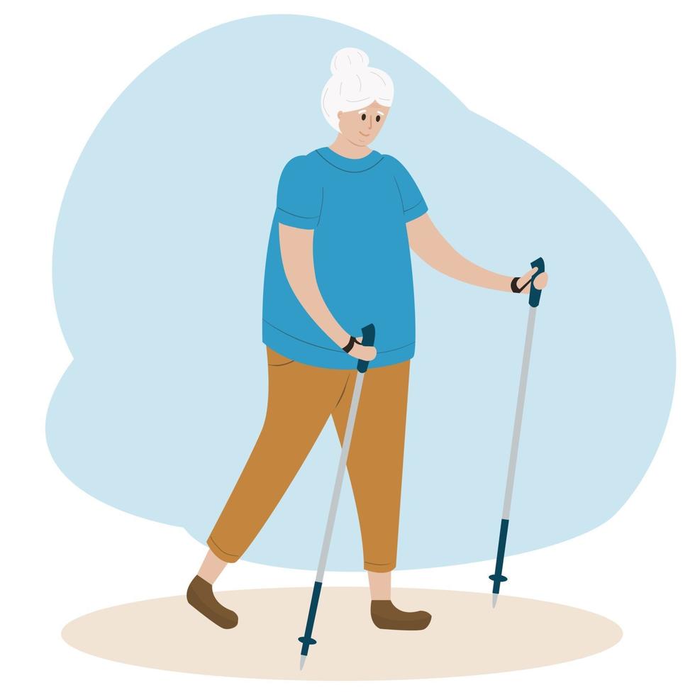 senior vrouw nordic walking. oude dame die oefeningen doet vector