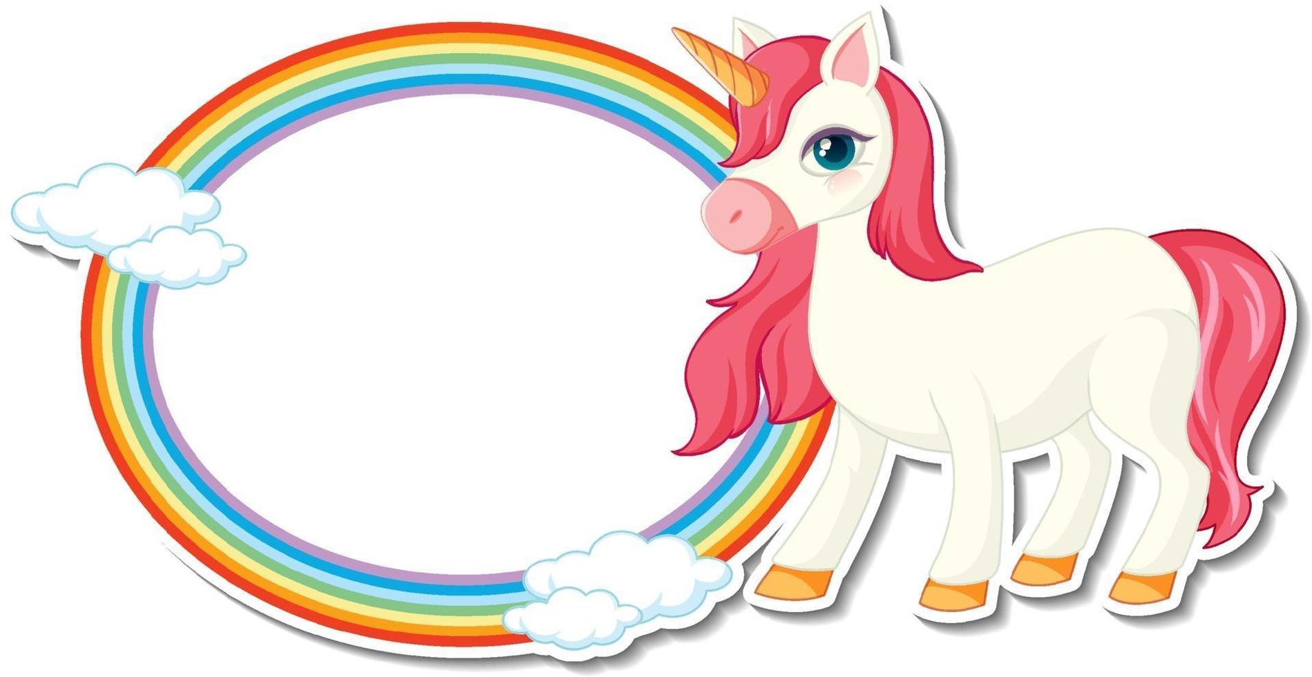 schattige eenhoornstickers met lege regenboogkadersjabloon vector