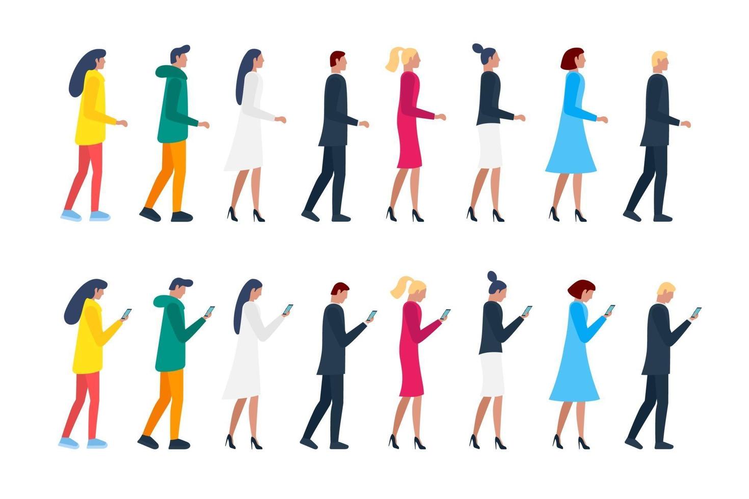 menigte mannen en vrouwen lopen en houden smartphones vast. mannelijk en vrouwelijk vector