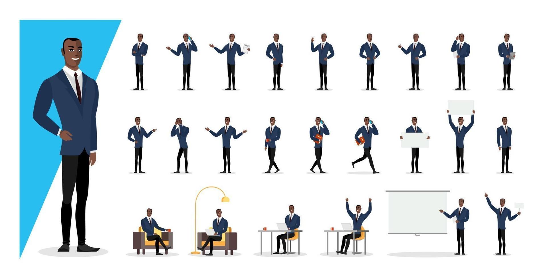 succesvolle zwart gekleurde zakenman in blauw pak met gebaren gesture vector
