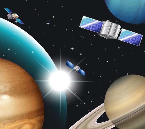 Achtergrondscène met satellieten in ruimte vector