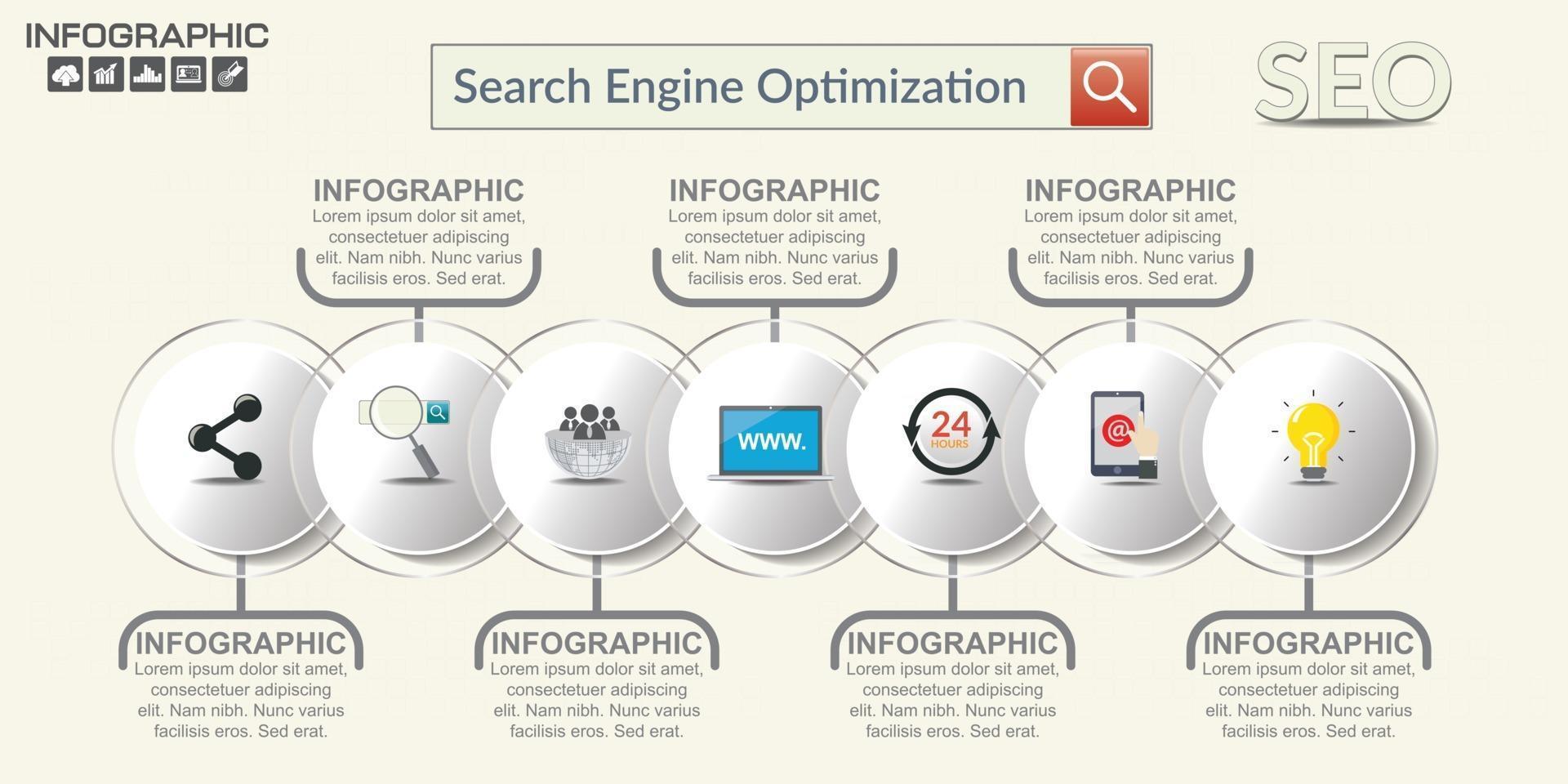 seo internet marketing infographics set met stap en pictogrammen vector