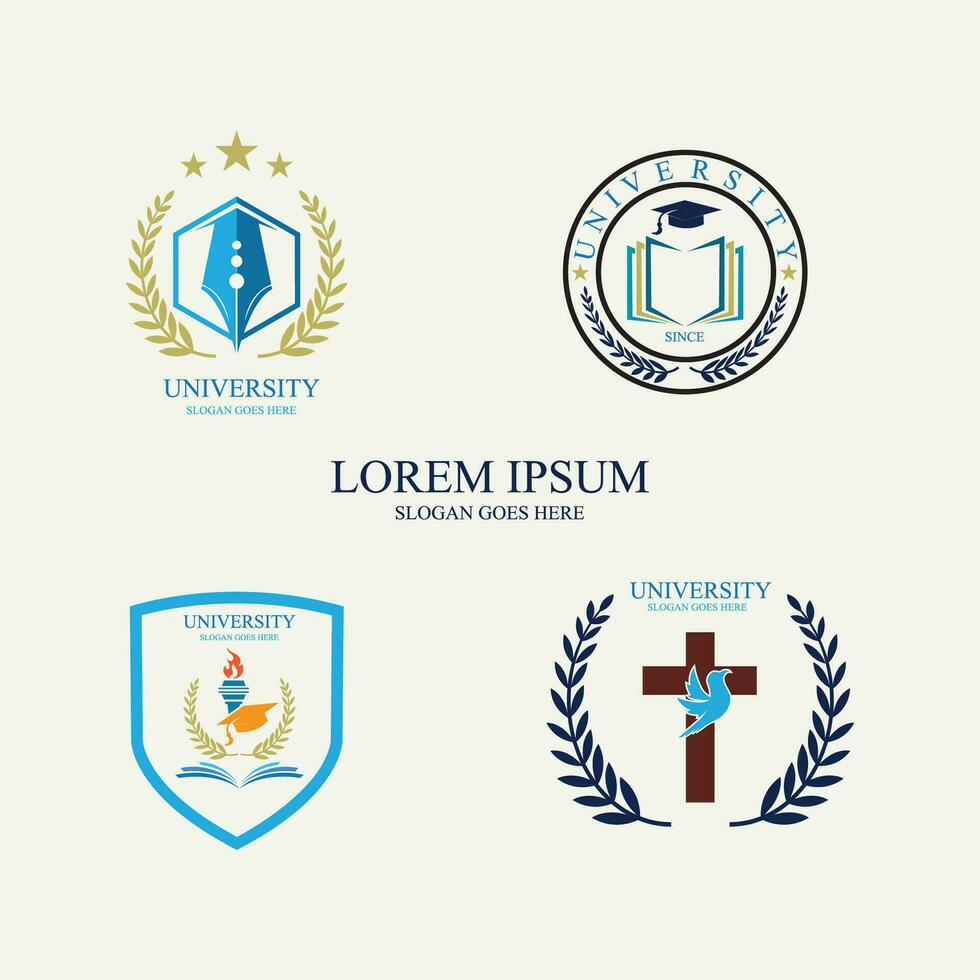 universiteit en academie vector iconen. emblemen of schilden voor afgestudeerden van de middelbare school in maritieme wetenschappen of rechten. linten en insignes van vrijgezellenhoed, lauwerkrans, vectorlogosjabloon