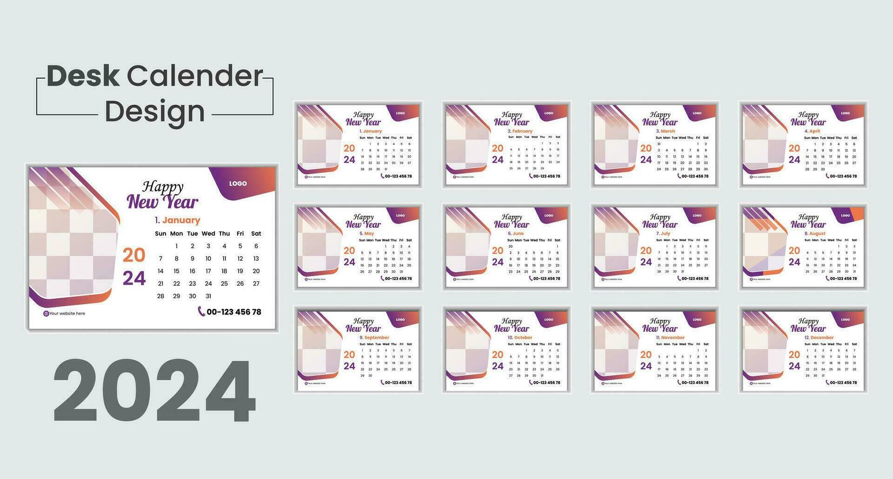 reeks van 2024 bundel bureau kalender ontwerper ontwerp sjabloon met plaats voor foto bedrijf logo. vector lay-out van een bureau gemakkelijk kalender met week begin zondag. kalender in oranje grijs en Purper kleur.
